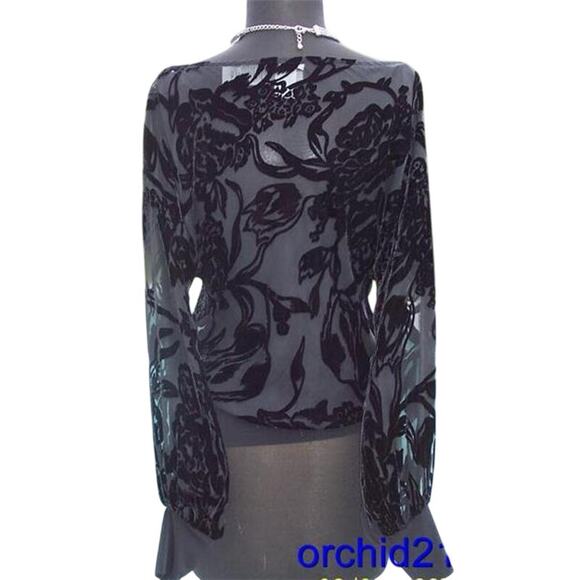 Cache Black Velvet Burn Out Drape Neck Top Banded Bottom Sleeve Ends NWT $138 - Picture 4 of 4